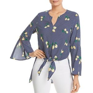 Single Thread Lemon Print Striped Bell Sleeve Tie Front High Low Blouse